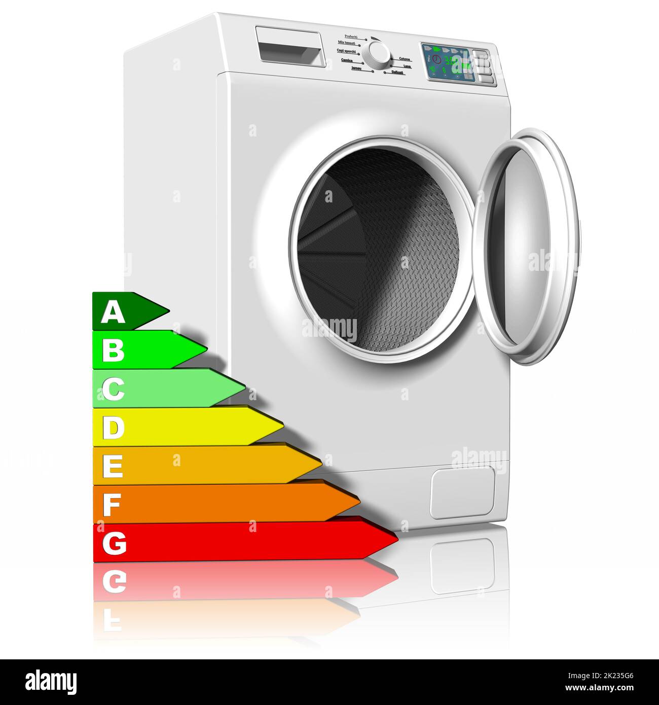 3D Abbildung. Geräte. Waschmaschine mit Energiesparsymbol. Weißer Hintergrund. Stockfoto