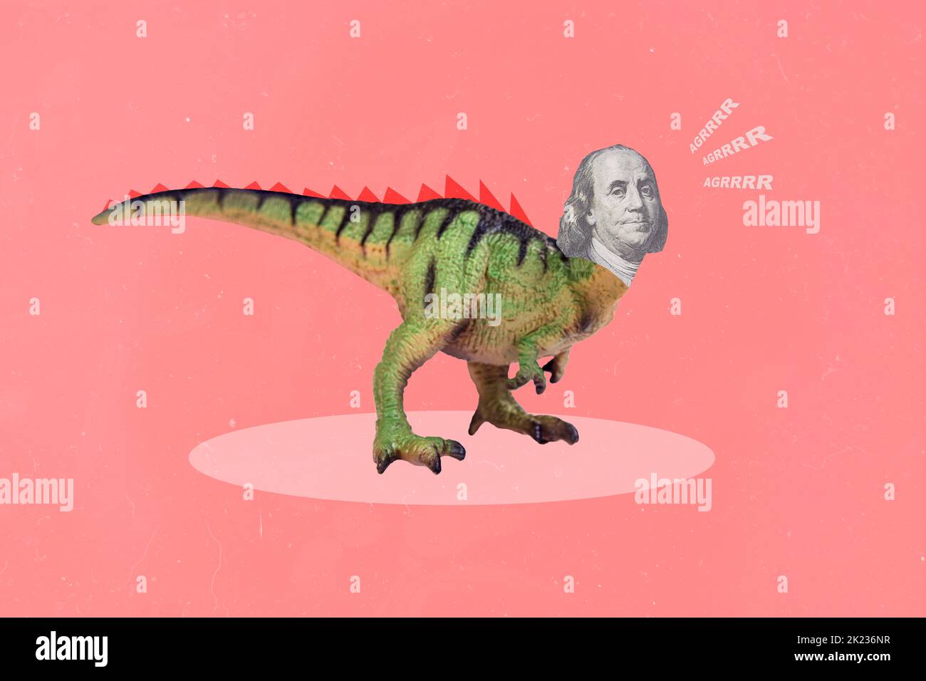 Collage Foto von großen absurden Kreatur Tier Dinosaurier Schrei laut kopflos benjamin franklin isoliert auf rosa Hintergrund Stockfoto