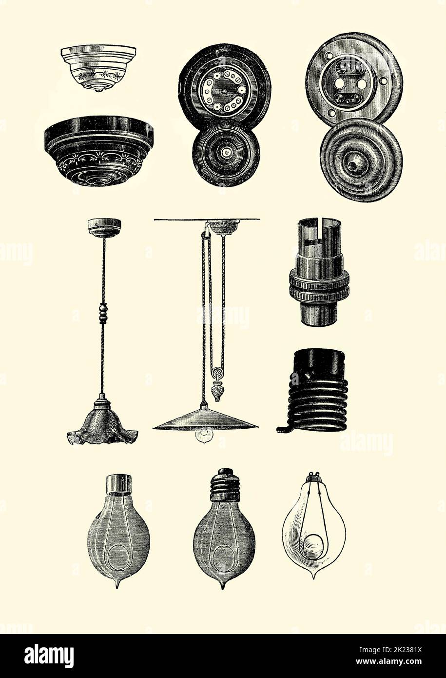 Eine alte viktorianische Gravur von verschiedenen elektrischen Geräten, die in der Beleuchtung während dieser Ära in Großbritannien verwendet wurden. Es ist aus einem Buch von 1890. Die obere Reihe zeigt Deckenrosen und ihre Basiskontakte. In der Mitte befinden sich zwei hängende ‘Aufzug’-Geräte oder ‘Elektrolier’. In der Mitte rechts befinden sich zwei Lampenfassungen (Edison oben und Schlangenmuster unten). In der unteren Reihe befinden sich drei Edison-Swan Glühlampen mit verschiedenen Armaturen (links BC, Mitte es, rechts BL). Stockfoto