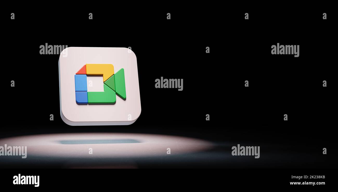 Google Meet Logo auf schwarzem Hintergrund hervorgehoben Stockfoto