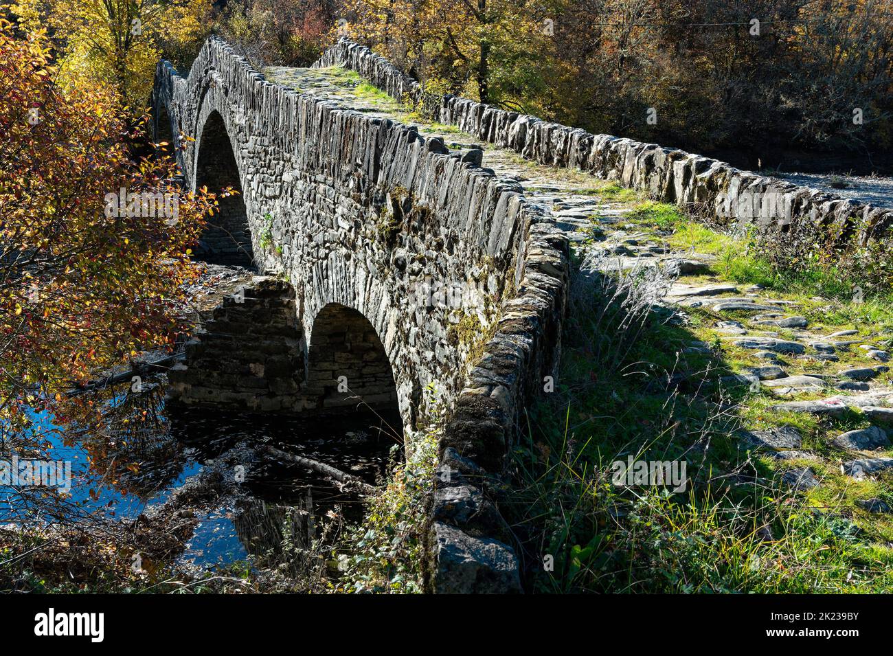 Blick auf die traditionelle Steinbrücke Mylos in Epirus, Griechenland im Herbst Stockfoto
