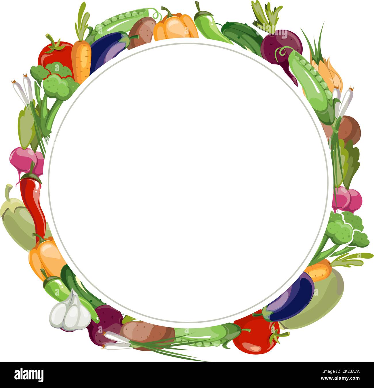 Gemüsegerahmen. Weißer Kreis mit reifen Farbnahrung Stock Vektor