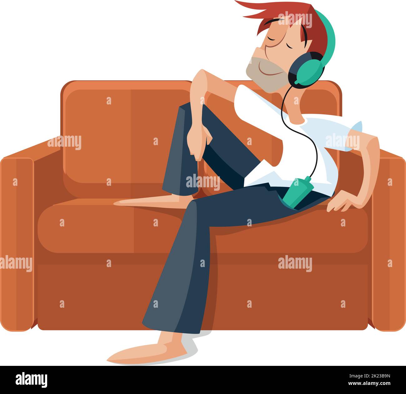 Mann hört Musik in Kopfhörern auf der Couch. Glückliche Person Stock Vektor