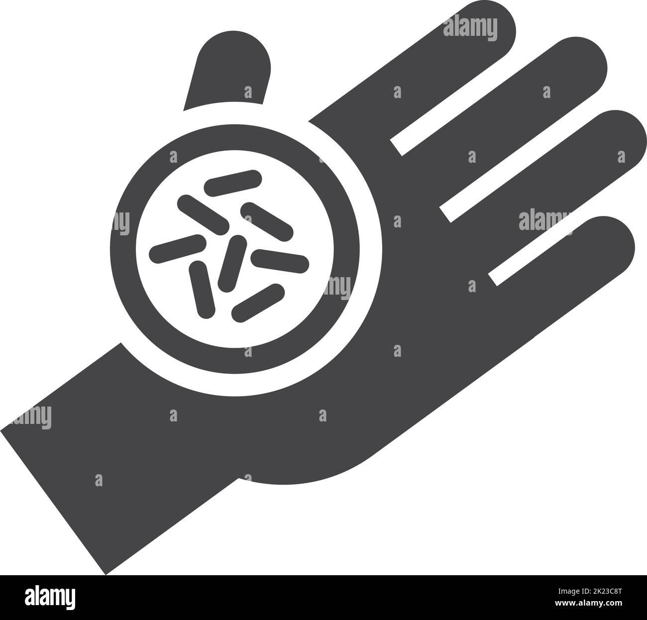 Symbol für Handkeime. Schwarze Bakterien und Viren auf der menschlichen Haut Stock Vektor
