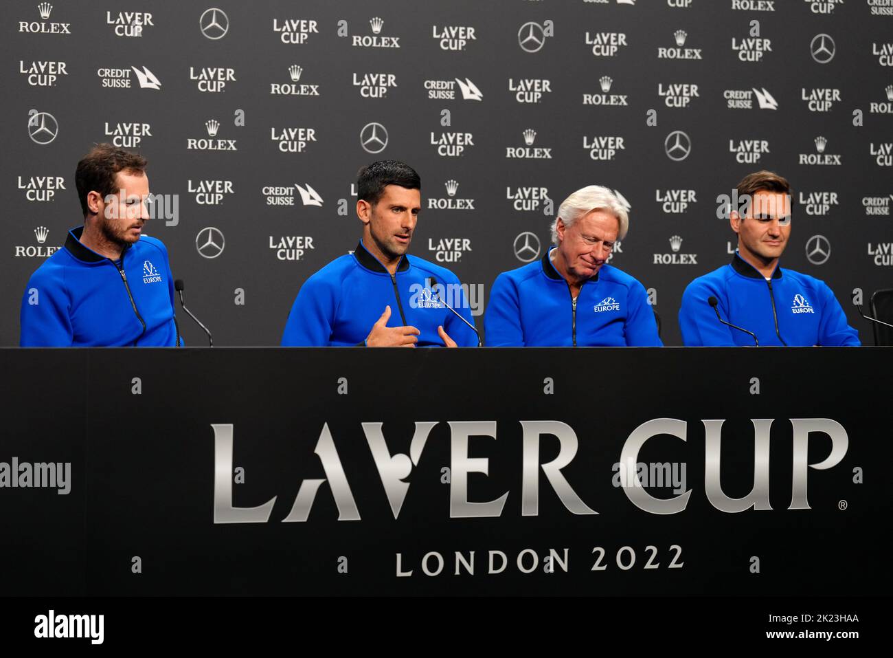 Andy Murray, Novak Djokovic, Kapitän Bjorn Borg und Roger Federer (links-rechts) vom Team Europe während einer Pressekonferenz vor dem Laver Cup in der O2 Arena, London. Bilddatum: Donnerstag, 22. September 2022. Stockfoto