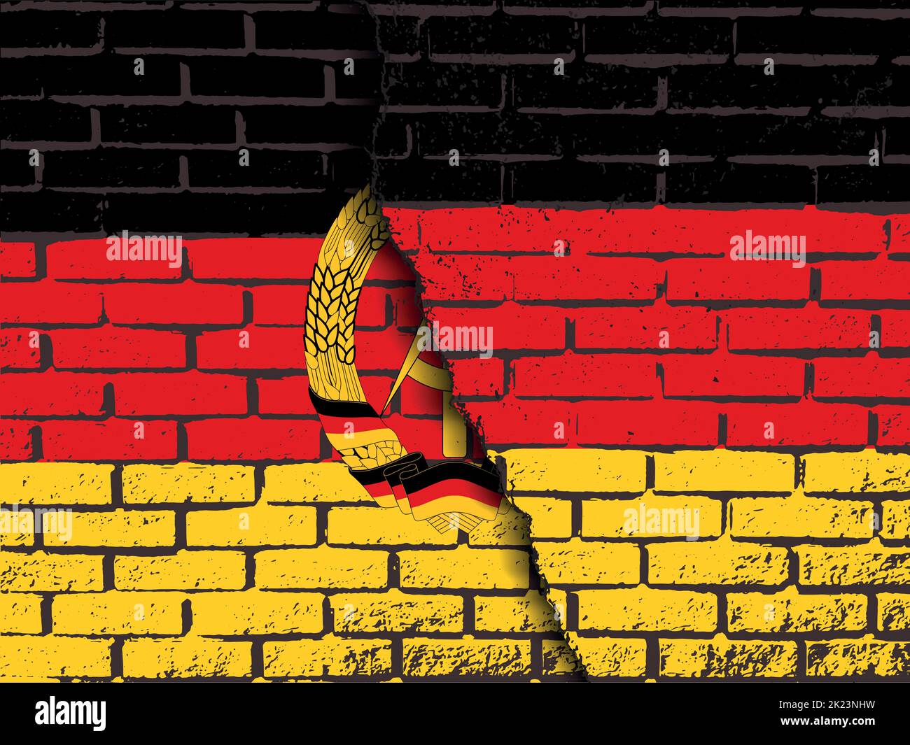 Eine zerstörte Ziegelmauer mit der Flagge Deutschlands auf der Flagge der DDR Stock Vektor