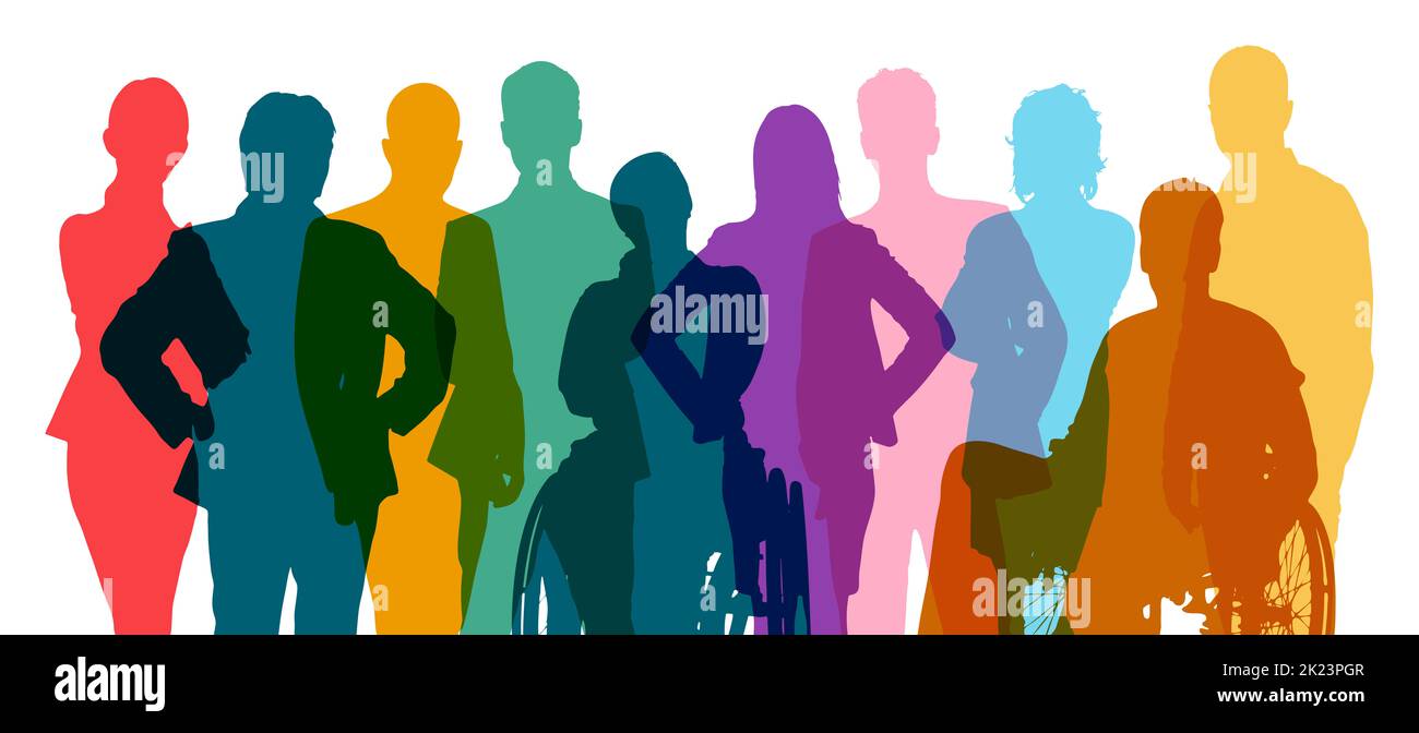 Inklusive Gruppe als bunte Silhouetten in Regenbogenfarben als Business- und Teamwork-Konzept Stockfoto
