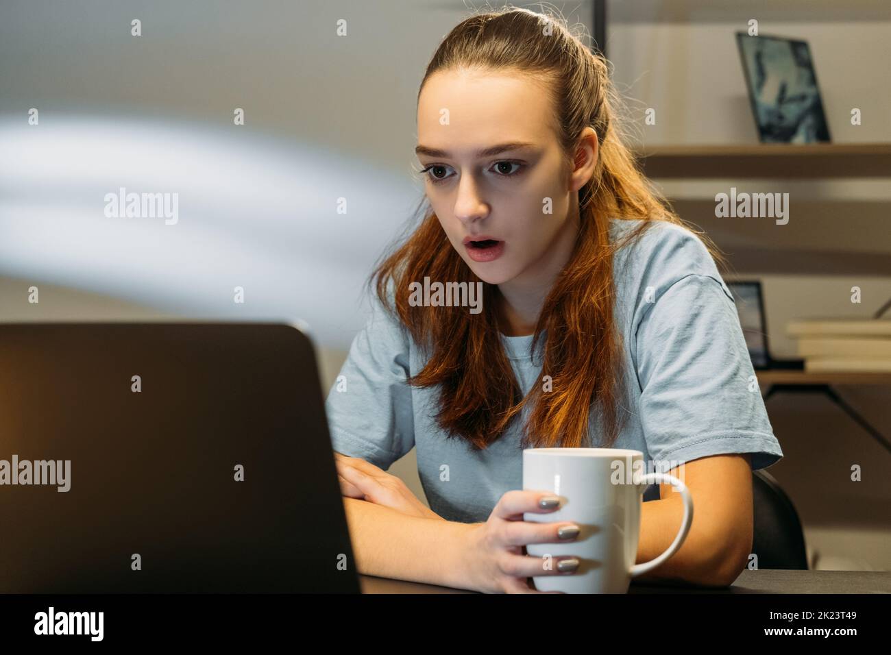 Schockgehalt. Tolle Neuigkeiten. Interneterlebnis. Erstaunt sprachlose Frau, die mit offenem Mund sitzt und auf den Laptop schaut Stockfoto