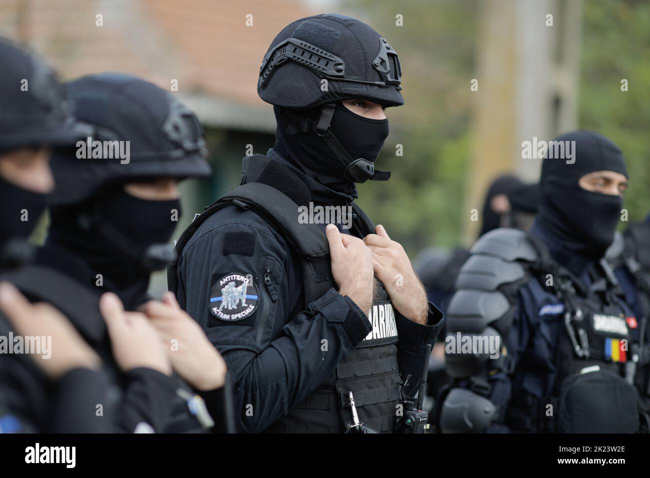 Sarulesti, Rumänien - 22. September 2022: Details zur Anti-Terror-Brigade der rumänischen Dschandarmi (Bereitschaftspolizei). Stockfoto