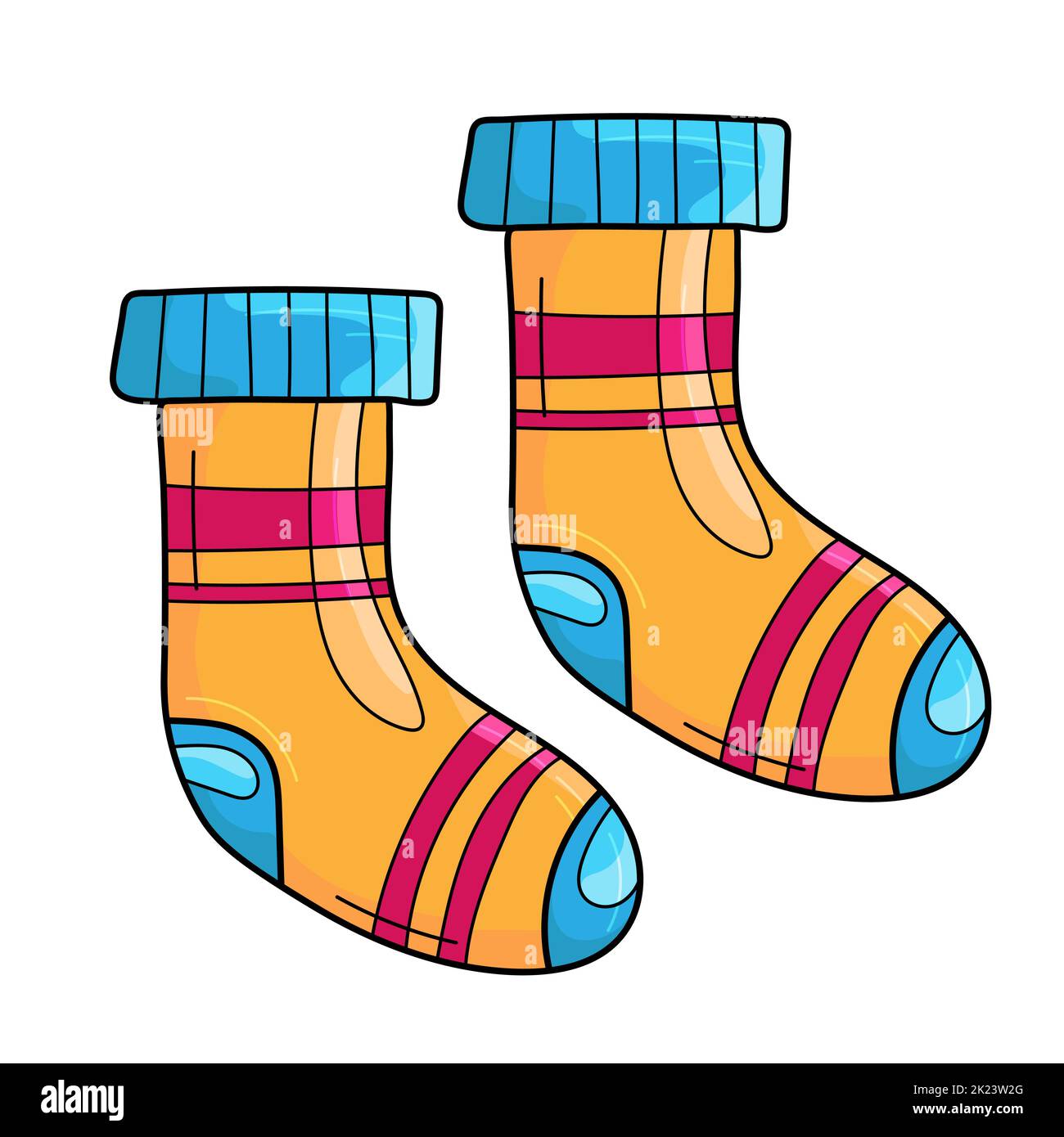 Leuchtend orange und blau warme Herbst-Stricksocken, Vektorgrafik im Cartoon-Stil auf weißem Hintergrund Stock Vektor