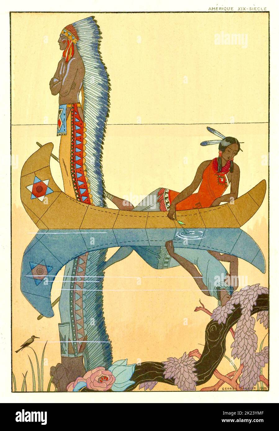 George Barbier - auf dem Missouri - 1922 - Native american Paar in einem Kanu auf dem Fluss Missouri, USA. Stockfoto