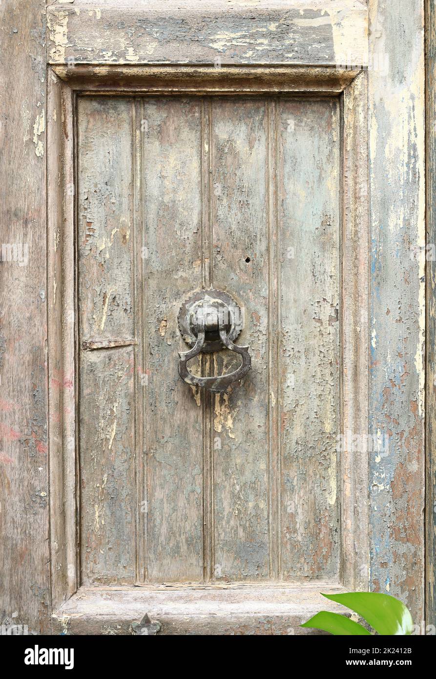 Nahaufnahme der verwitterten moossigen Holztür von Grunge, der altmodischen Holztür, der traditionellen Haustür. Stockfoto