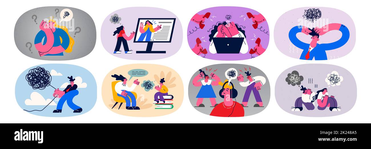 Eine Reihe von verschiedenen mit Menschen mit Chaos oder Chaos im Kopf versuchen, Lösung für das Problem zu finden. Sammlung der Person Unravel Trouble Bundle, treffen Sie die Wahl oder dec Stockfoto