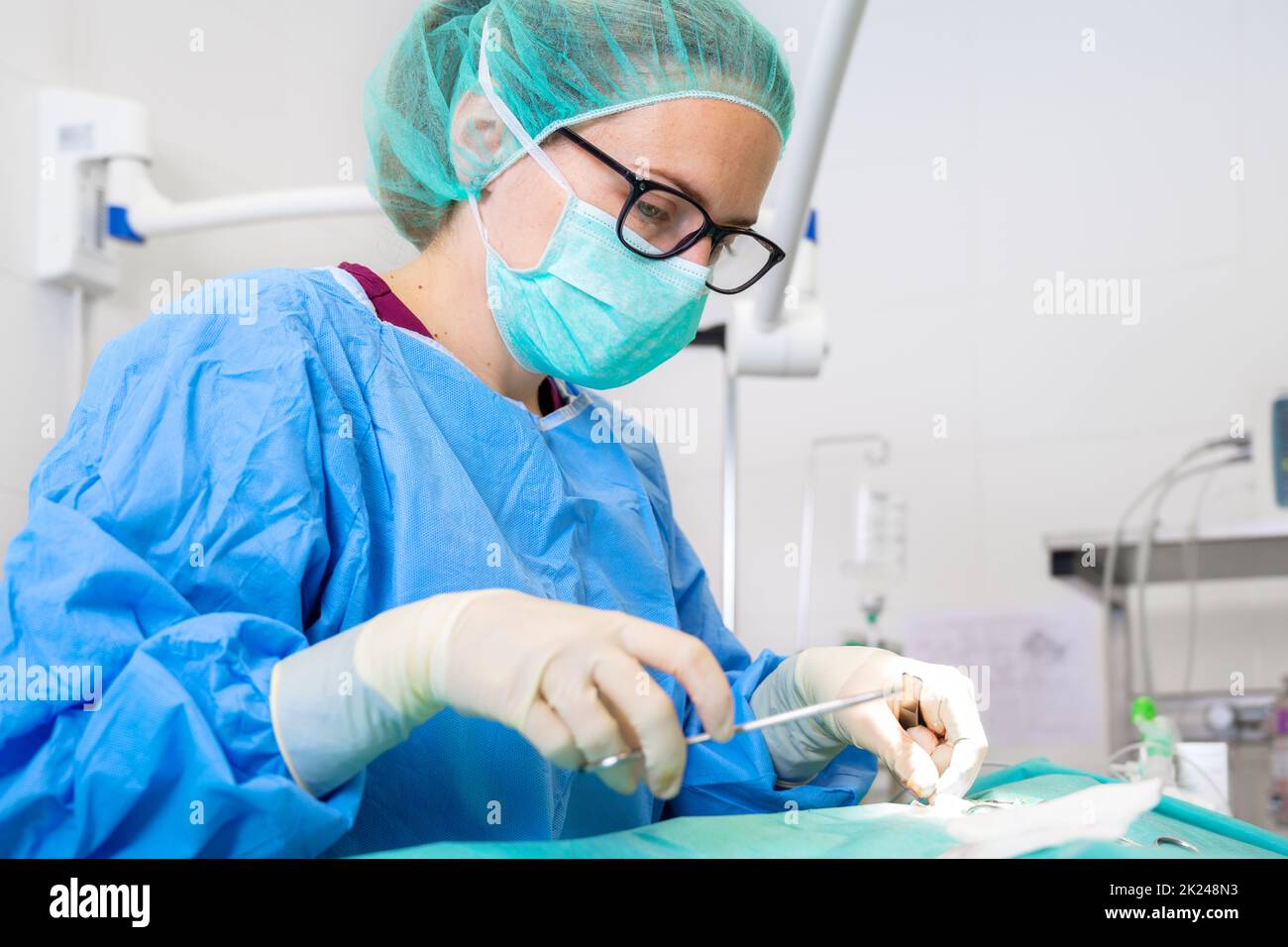 Nahaufnahme eines weiblichen Chirurgen, der sterile Kleidung trägt und im Operationssaal operiert. Hochwertige Fotografie Stockfoto