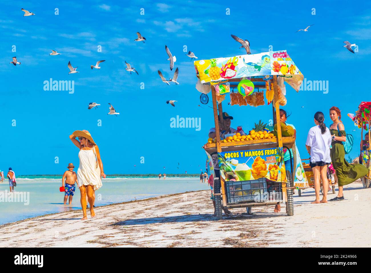 Holbox Mexiko 21. Dezember 2021 Obst- und Mangoverkäufer auf der schönen Holbox Insel Sandbank und Strand mit Wellen türkisfarbenes Wasser und fliegende Möwen bi Stockfoto