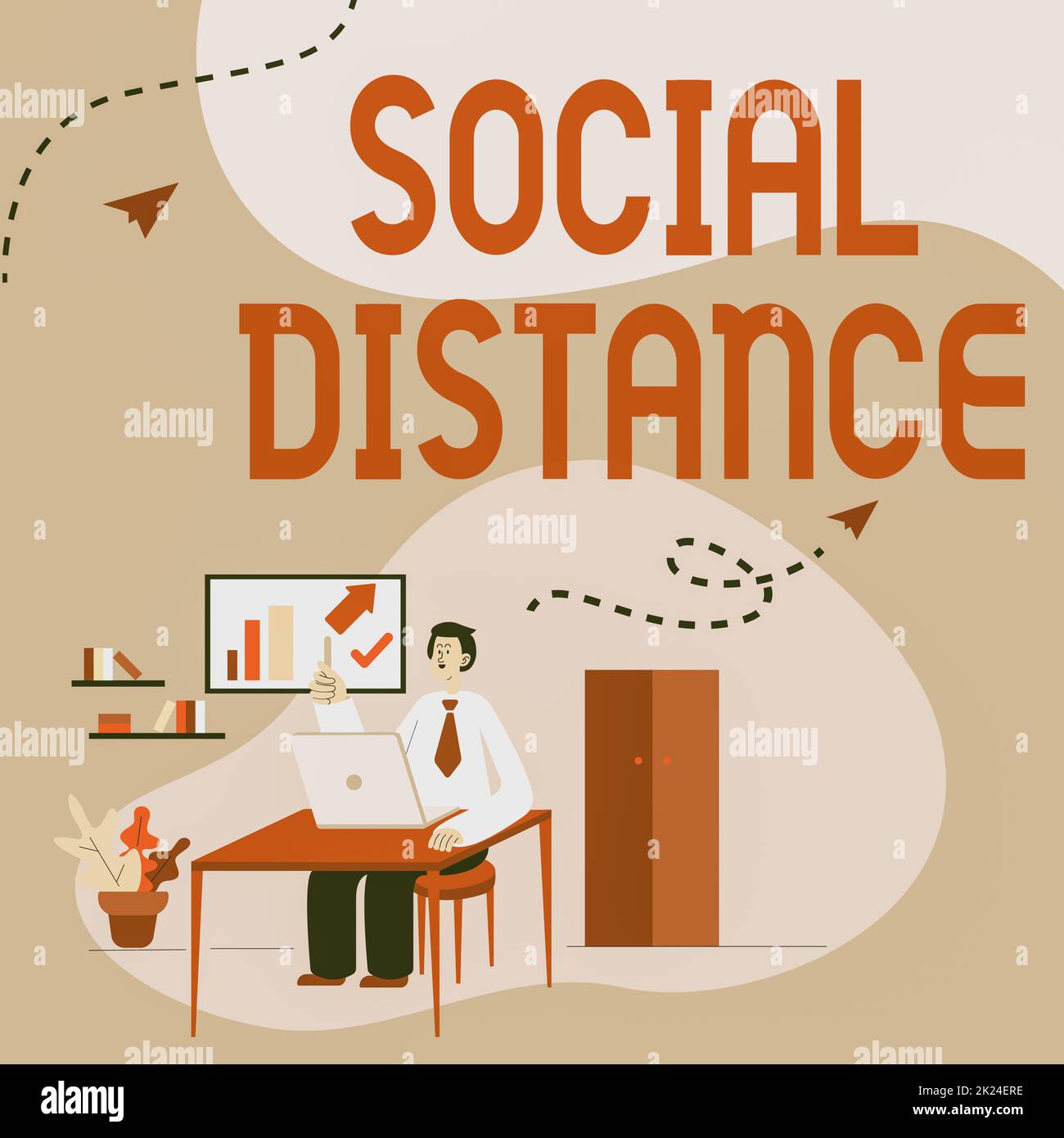 Konzeptuelle Darstellung soziale Distanz, Wort für Grad der Akzeptanz der allgemeinen Interaktion von Individuen Mann auf dem Schreibtisch sitzend Arbeiten und Präsentieren Neu Stockfoto