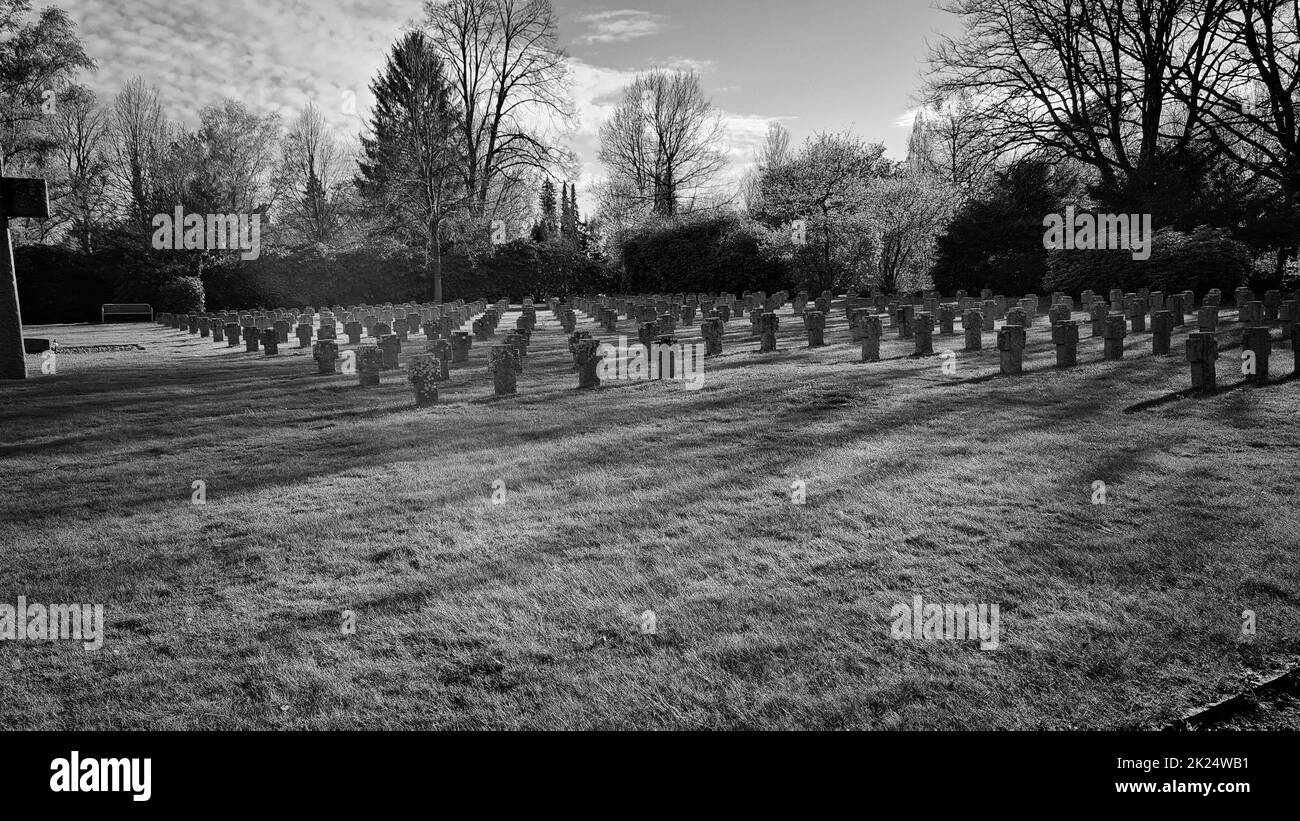 Deutscher Militärfriedhof in Belgien. Militärischer Friedhof des Ersten Weltkriegs. Foto in Schwarzweiß Stockfoto
