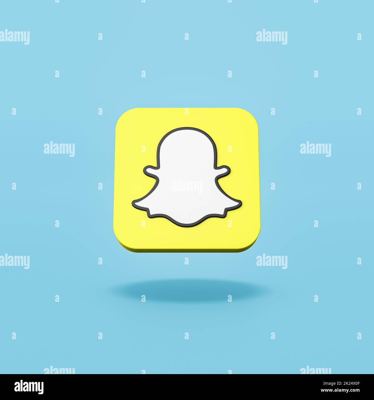 Snapchat Logo 3D Form isoliert auf flachem blauen Hintergrund mit Shadow 3D Illustration Stockfoto