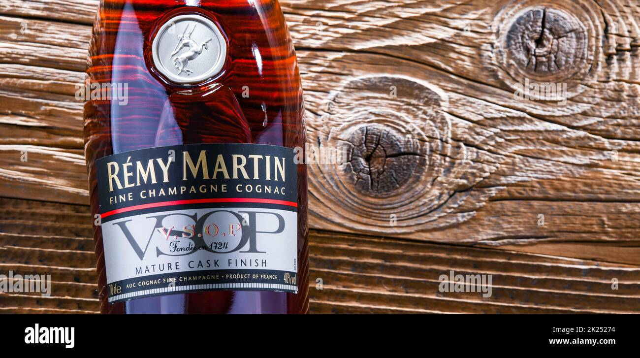 POZNAN, POL - APR 13, 2022: Flasche Remy Martin, die Marke, die sich auf Cognac Fine Champagne spezialisiert hat. Stockfoto