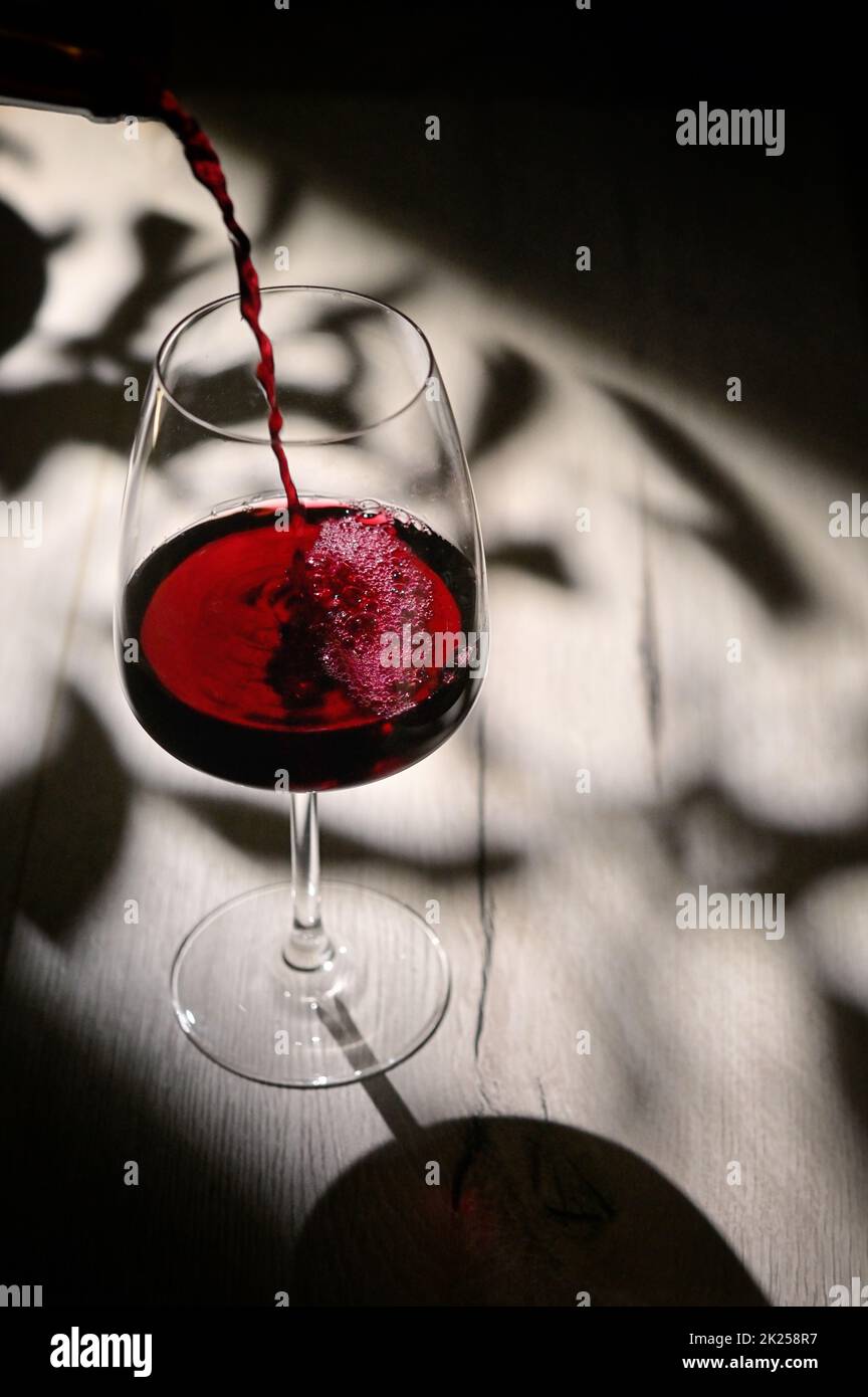 Abstrakte Schatten, Sonnenlicht und ein Glas trockener Rotwein Stockfoto