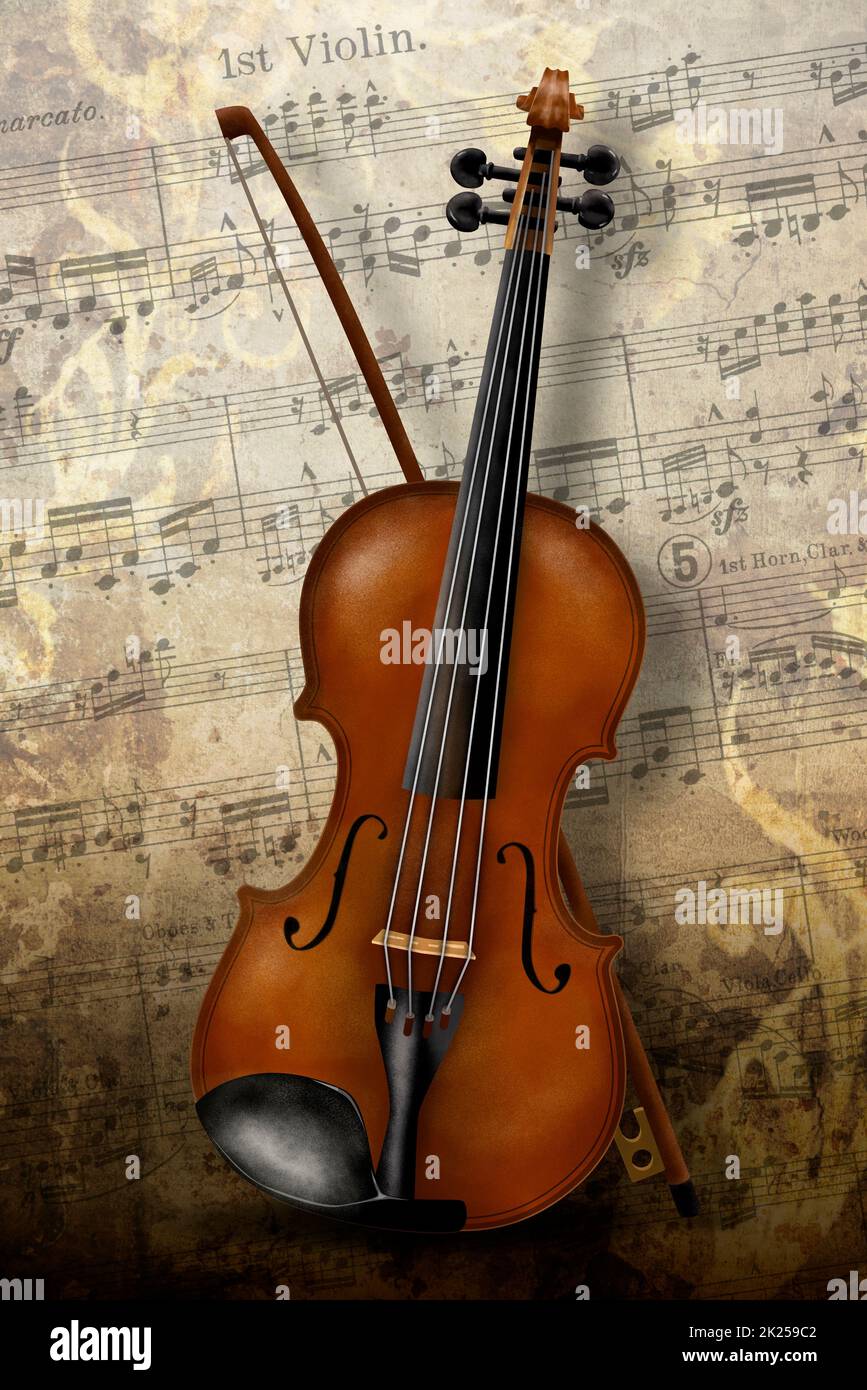 Illustration einer klassischen Violine mit texturellem Hintergrund und Noten. Die geschriebene Musik ist die ungarische Rhapsodie Nr. 1 in F Stockfoto