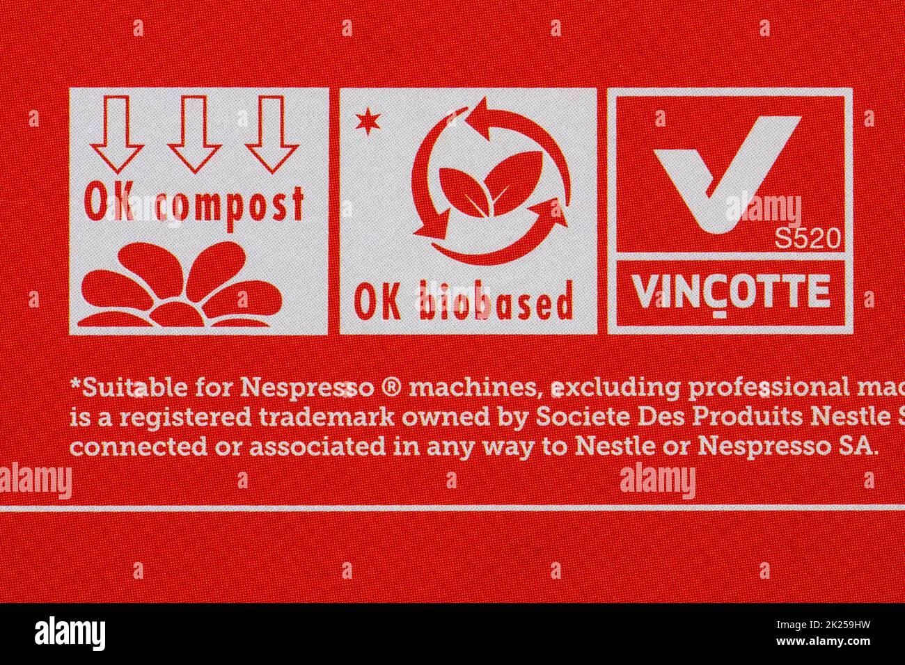 OK Kompost OK biobasierte Vincotte S520 Symbole auf der Verpackung von Quelle Klimawandel Kaffee Bio Single Herkunft Kaffee Kapseln Stockfoto