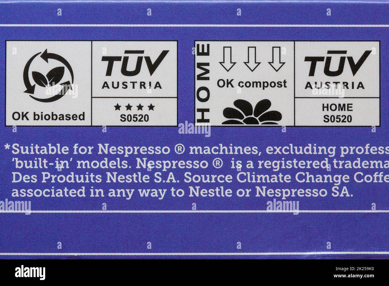 OK biobasierte Startseite ok Kompost TUV Austria S0520 Symbole auf der Verpackung von Quelle Klimawandel Kaffee Bio Kaffee Kapseln Stockfoto