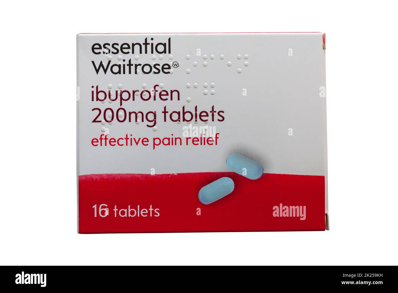 Essential Waitrose Ibuprofen 200mg Tabletten effektive Schmerzlinderung Tabletten Medikamente auf weißem Hintergrund isoliert Stockfoto