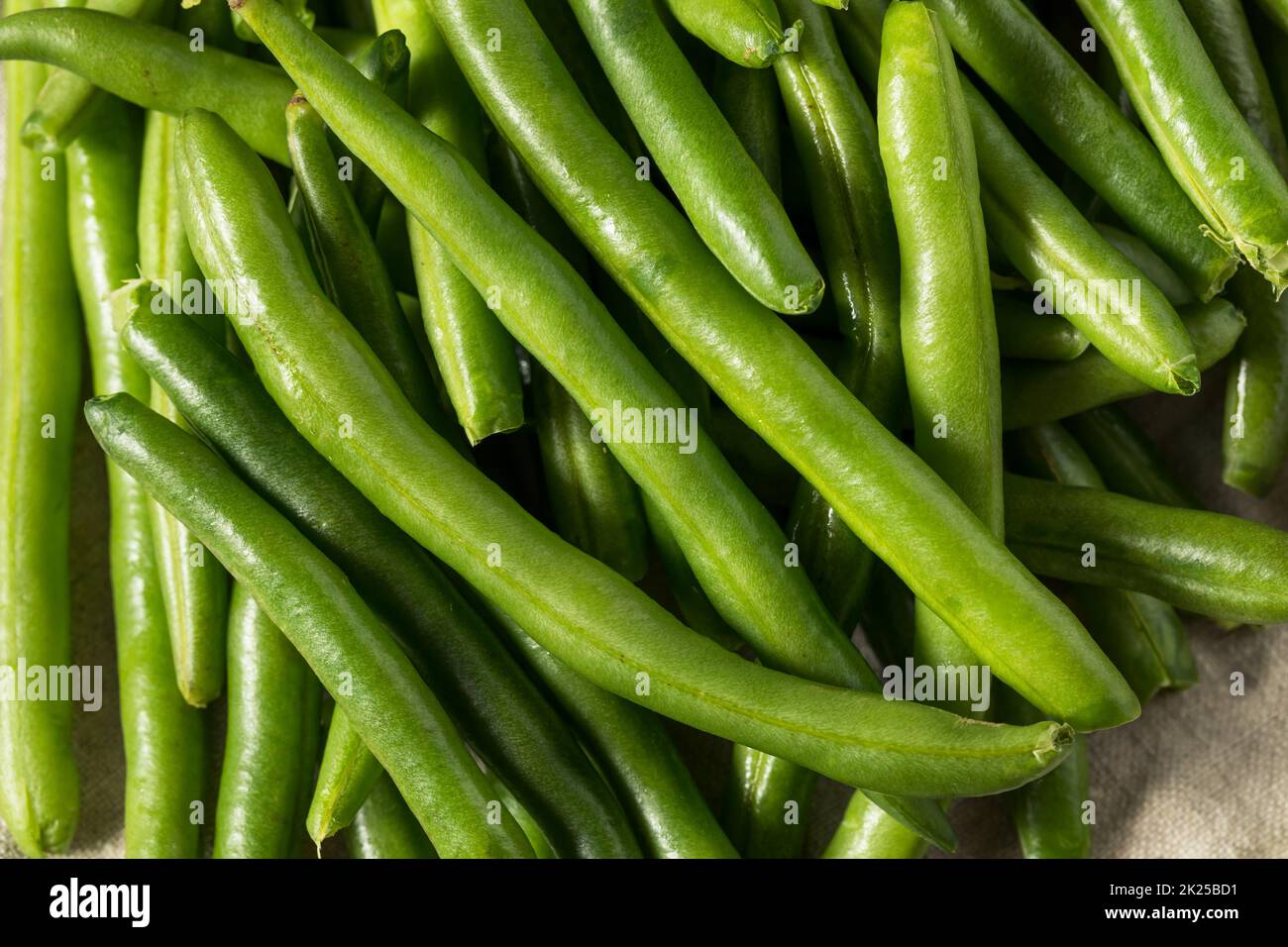 RAW Green Organic String Bohnen in einem Bund Stockfoto