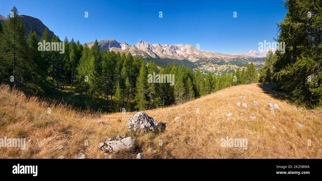 Panoramablick auf das Devoluy-Massiv mit Bure Peak (Pic de Bure) im Sommer. Hautes-Alpes, Französische Alpen, Frankreich Stockfoto