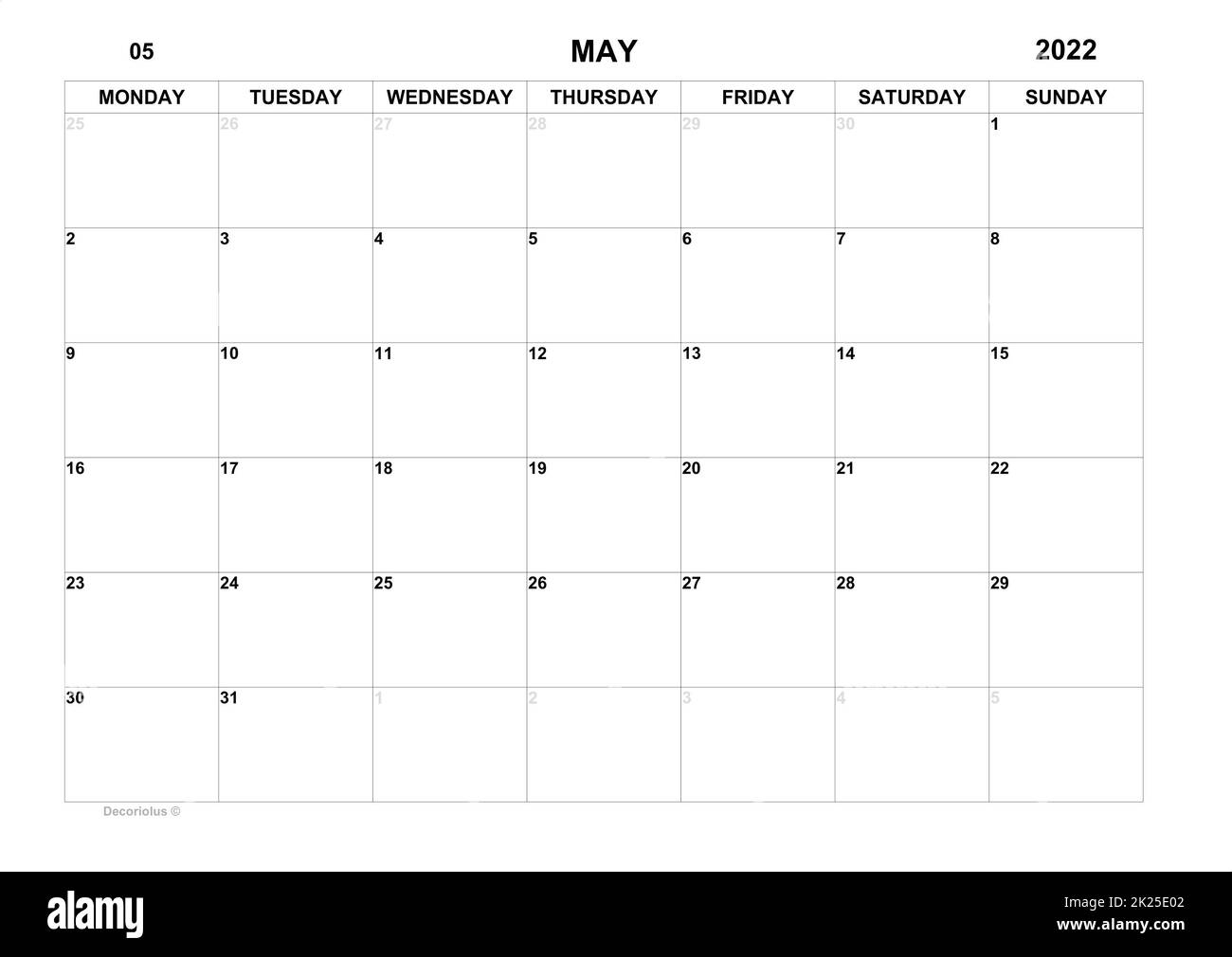 Planer für Mai 2022. Zeitplan für Monat. Monatskalender.kalenderbeginn sonntag Stockfoto