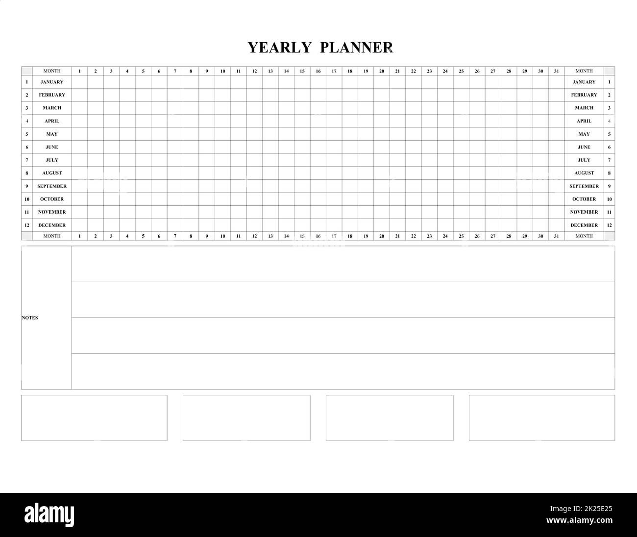 Jährlicher Kalender-Planer 2022-Plan mit leeren Zellen zum Schreiben. Aufgabenliste. Stockfoto