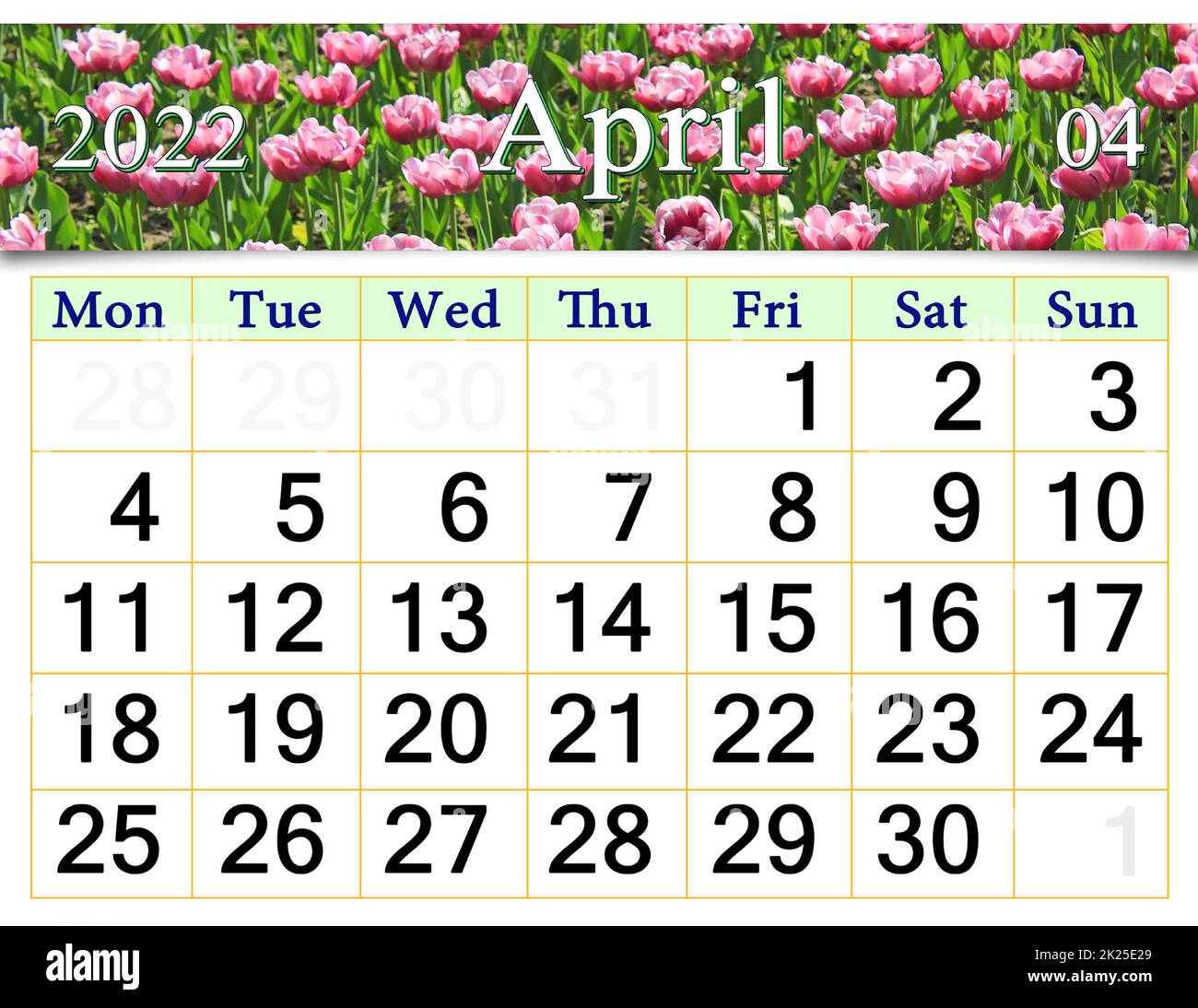 April 2022 Kalender für Organisatoren zur Planung und Erinnerung an den Naturhintergrund Stockfoto
