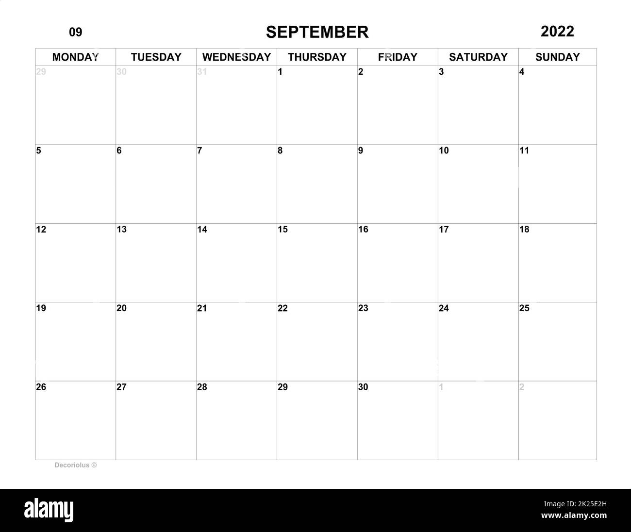 Planer für september 2022. Zeitplan für Monat. Monatsveranstalter für september Stockfoto