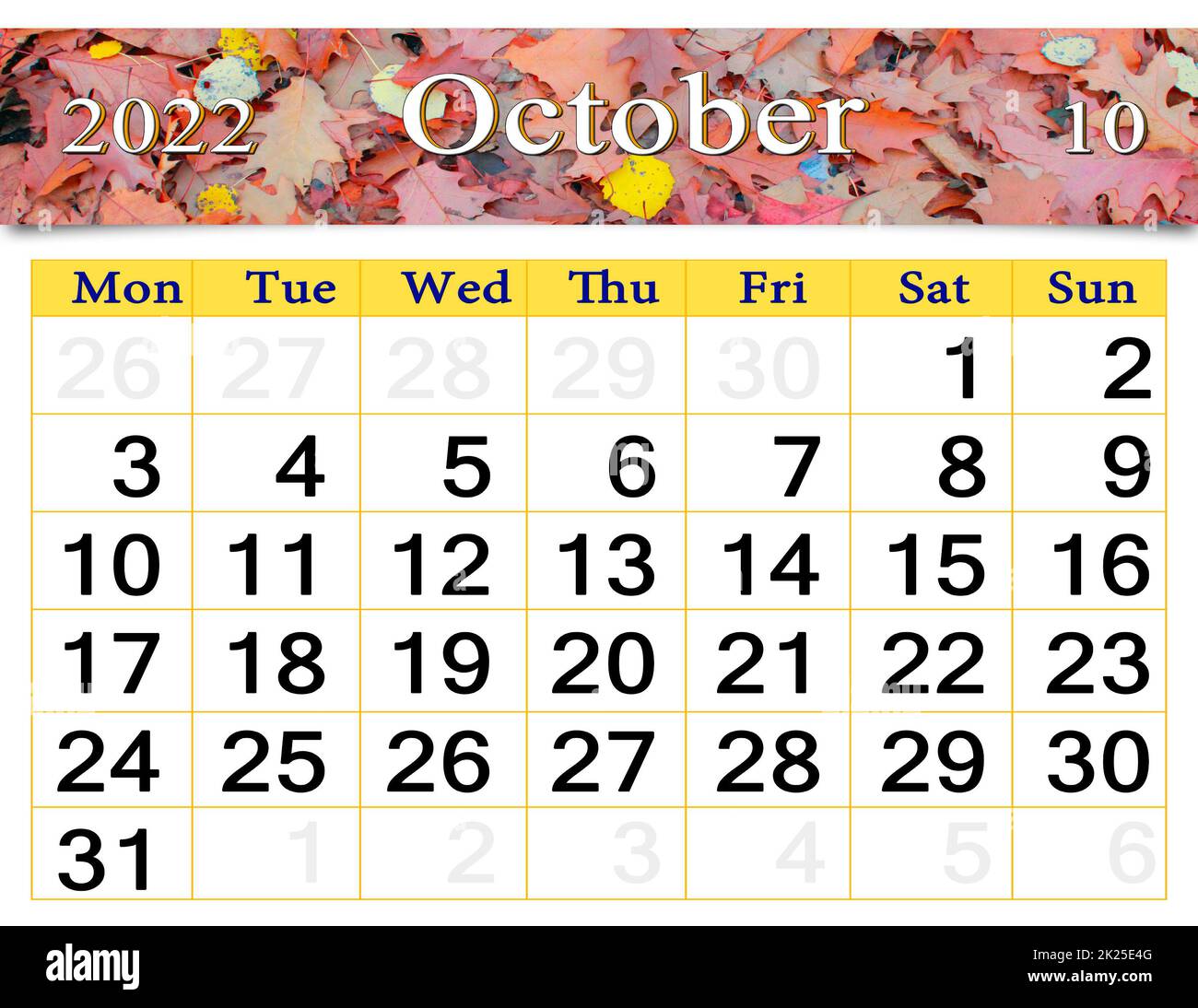 Kalender für Oktober 2022 mit Herbstpark mit gelben Bäumen Stockfoto