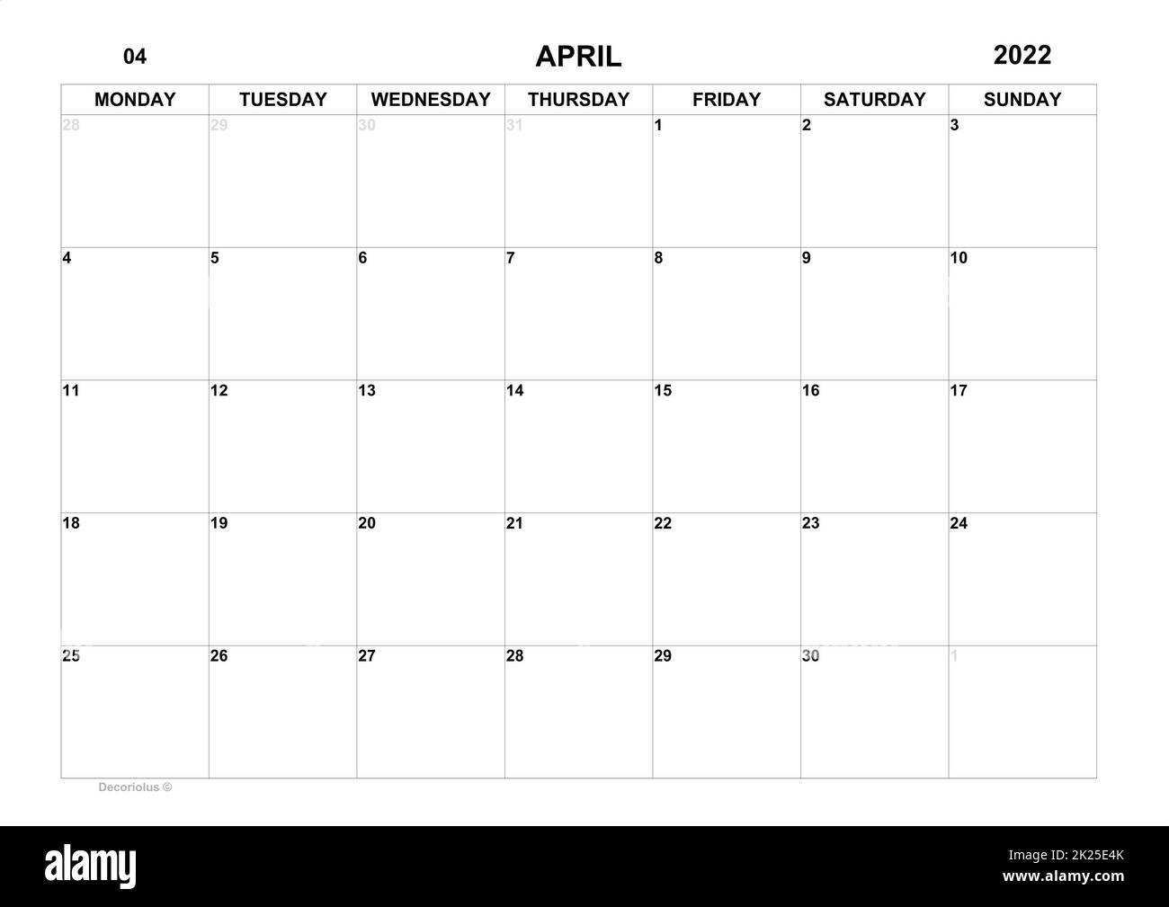 Planer für April 2022. Zeitplan für Monat. Monatskalender. kalendersonntag Stockfoto