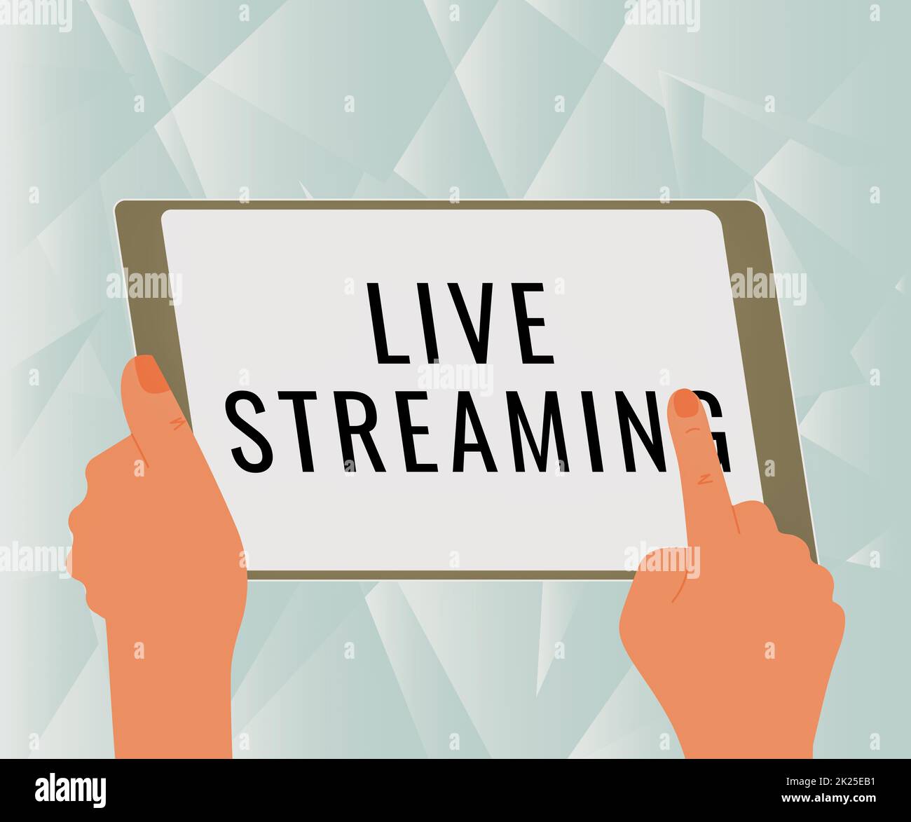 Text mit Inspiration Live Streaming. Konzeptfoto Übertragen Sie Live-Videoberichte über ein Ereignis über das Internet Illustration Einer Hand mit Tablet Suche nach neuen, faszinierenden Ideen. Stockfoto