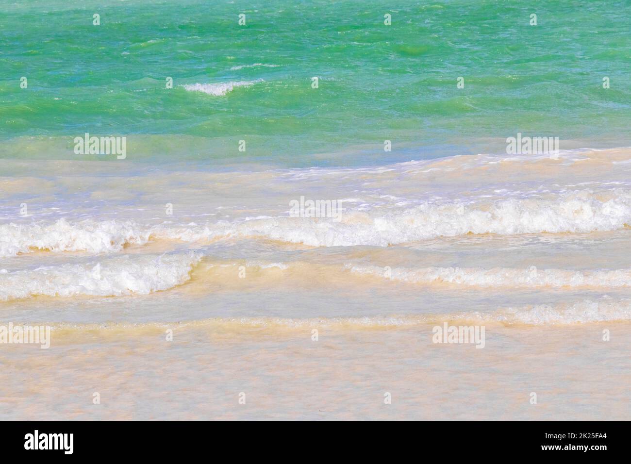 Wunderschöne Holbox Insel Strand Sandbank türkisklare Wasserwellen Mexiko. Stockfoto