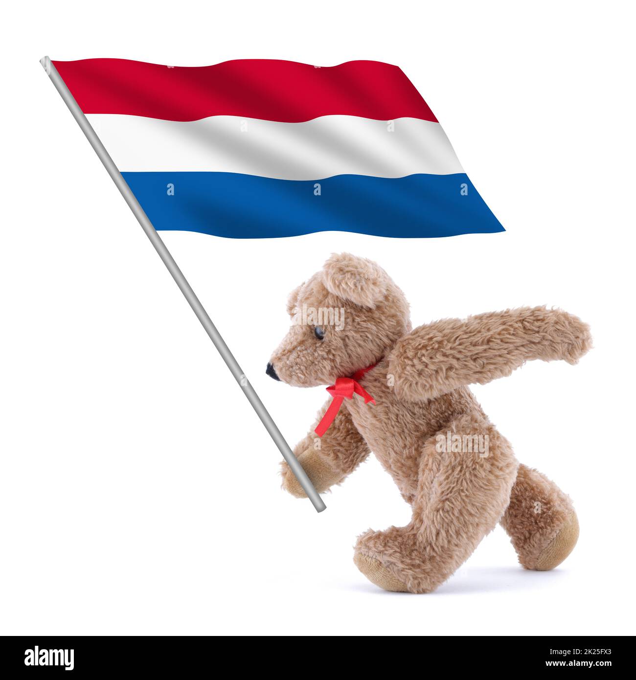 Die niederländische Holland-Flagge wird von einem niedlichen Teddybären getragen Stockfoto