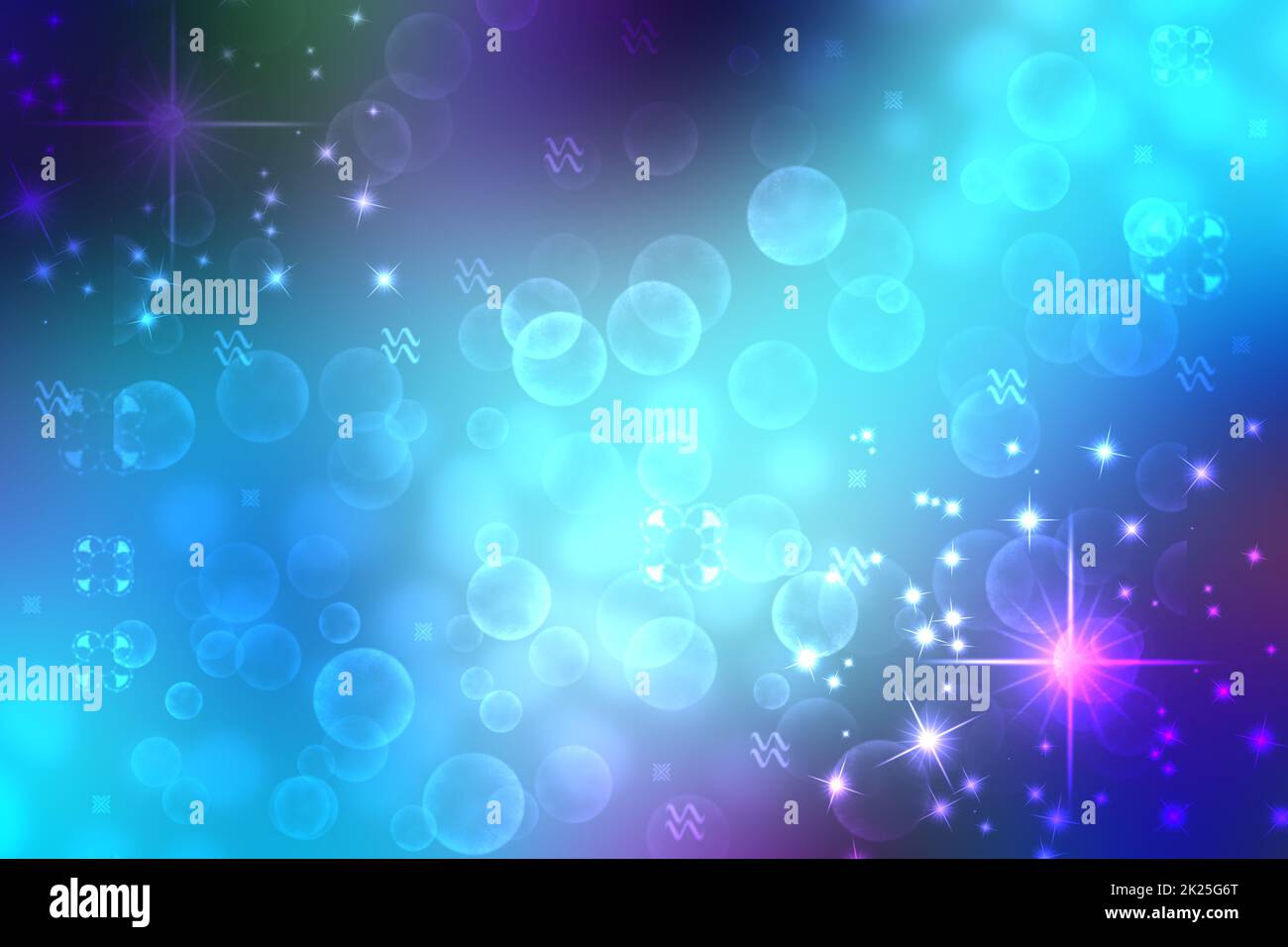 Blauer Hintergrund für Partyeinladungen. Abstrakte, zarte, hellblaue, türkisfarbene, rosa Bokeh-Textur mit Sternen. Wunderschöne Kulisse für die Gestaltung der Einladung zu verschiedenen Feiertagen. Stockfoto