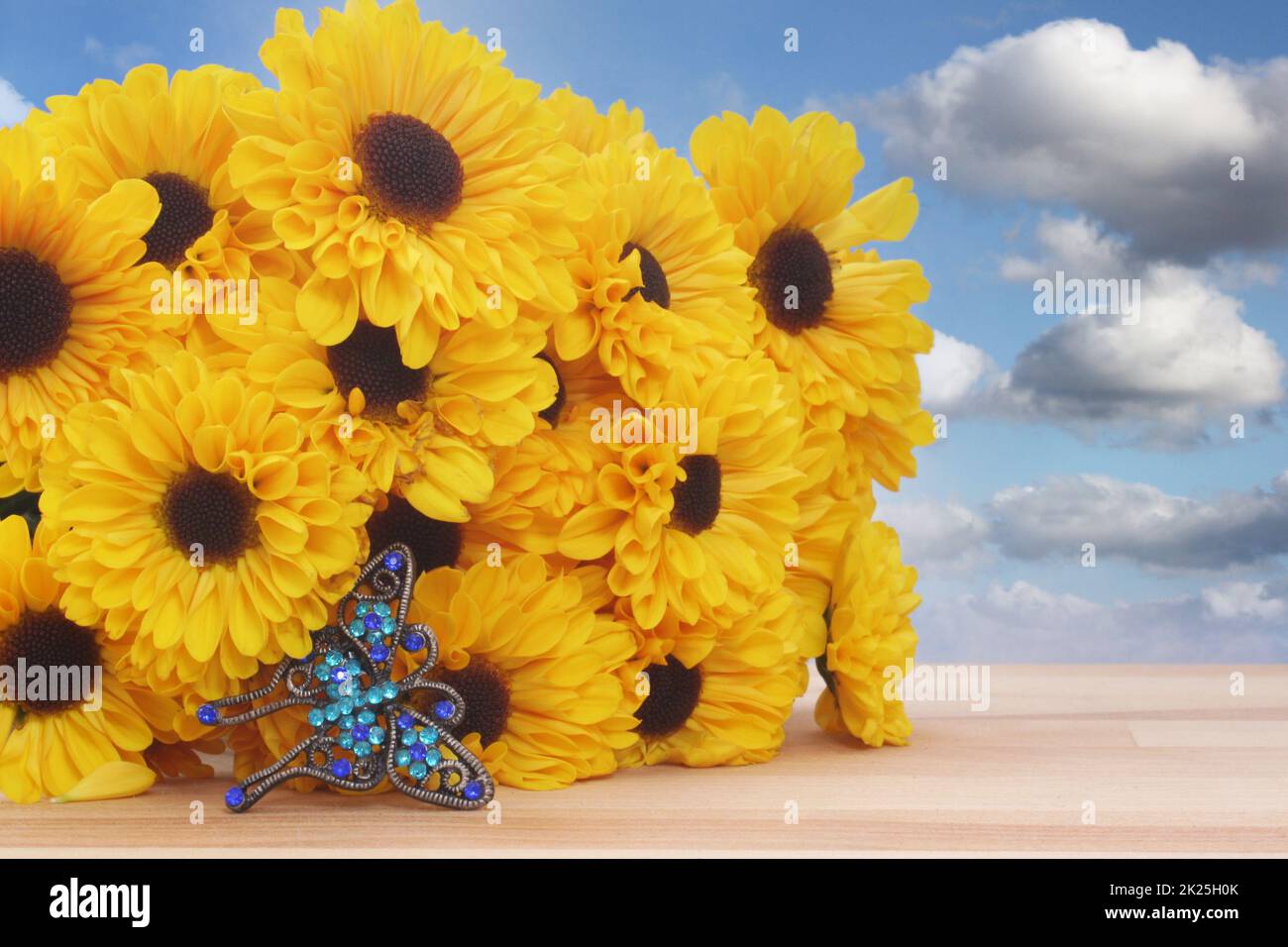 Gelbe Blumen und Schmetterlingsschmuck mit blauem Himmel Stockfoto