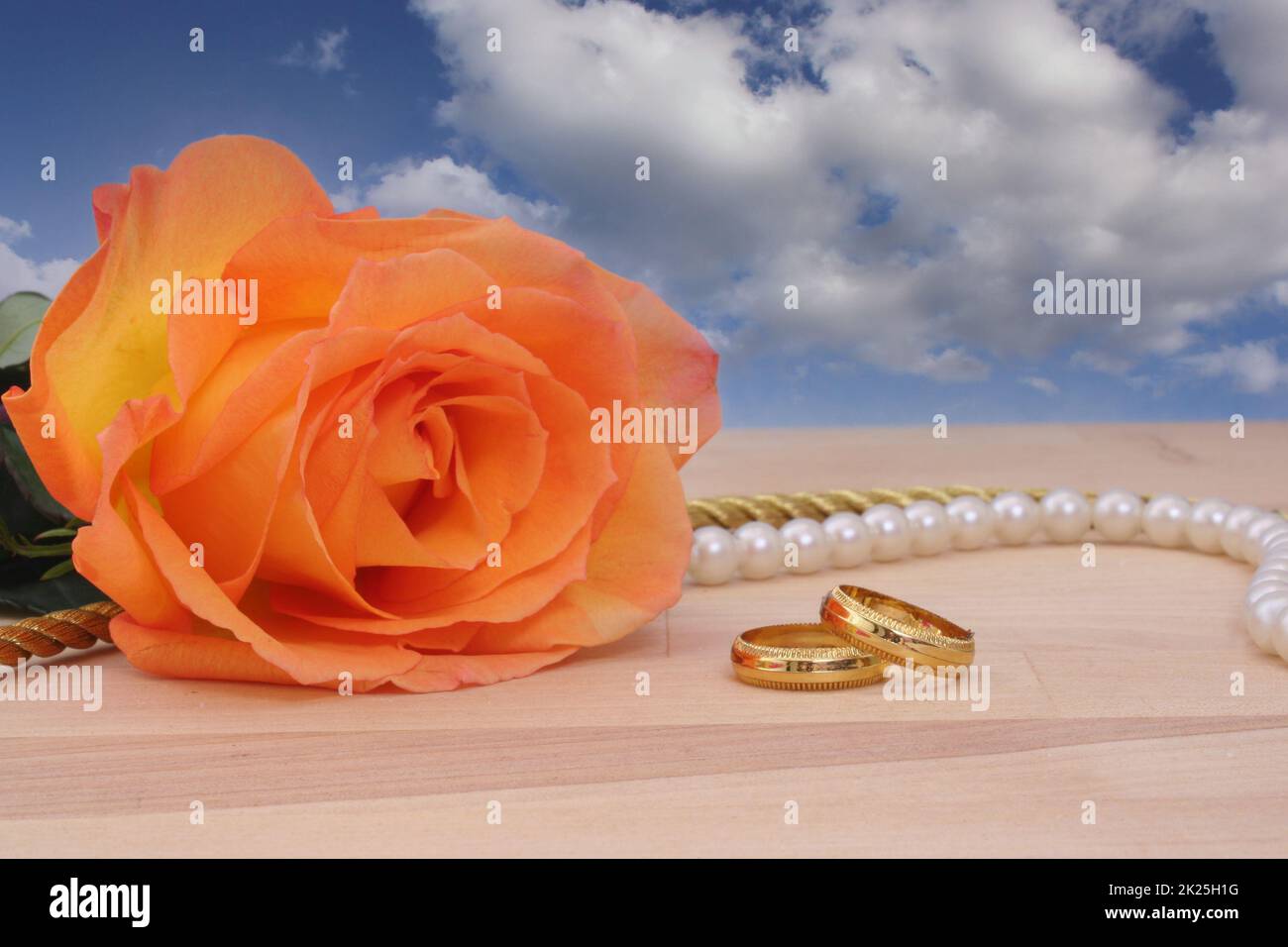 Orange Rose mit goldenen Hochzeitsringen und Perlen Stockfoto