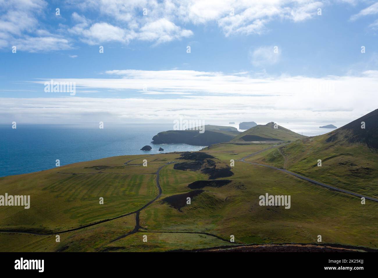 Vestmannaeyjar Insel Strand Tagesaussicht, Island Landschaft. Stockfoto