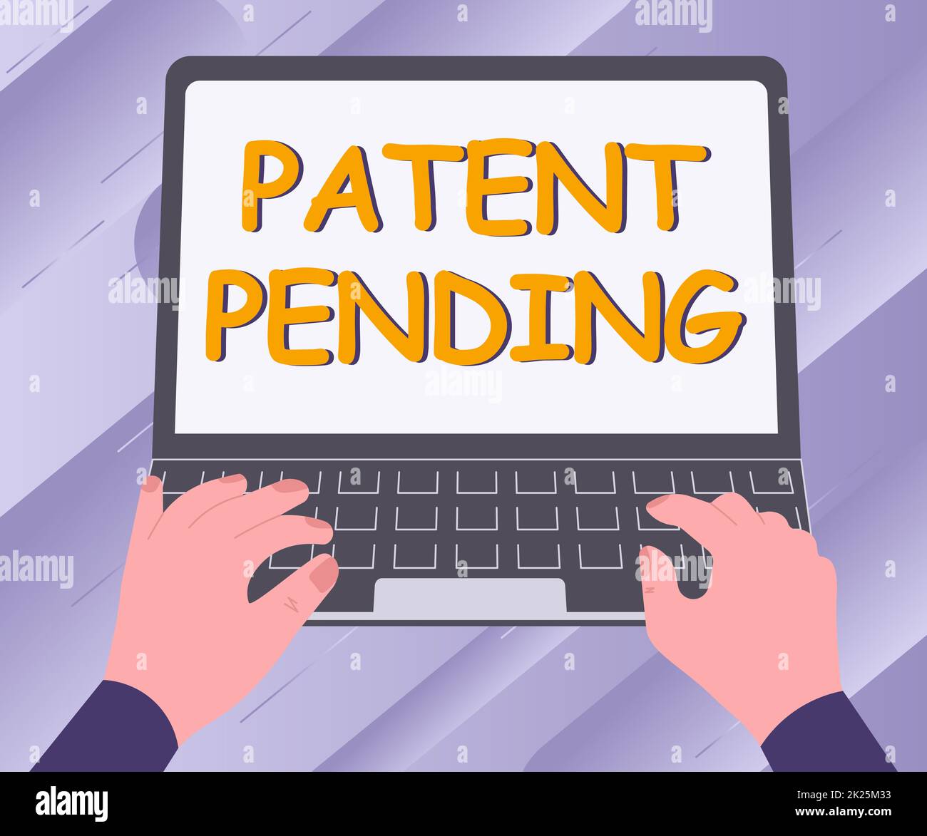 Textüberschrift mit dem Vortrag „Patent angemeldet“. Business Approach Request wurde bereits eingereicht, aber noch nicht gewährt Schutz wird Illustration einer beschäftigten Person, die an einem Laptop arbeitet und nach Ideen sucht. Stockfoto