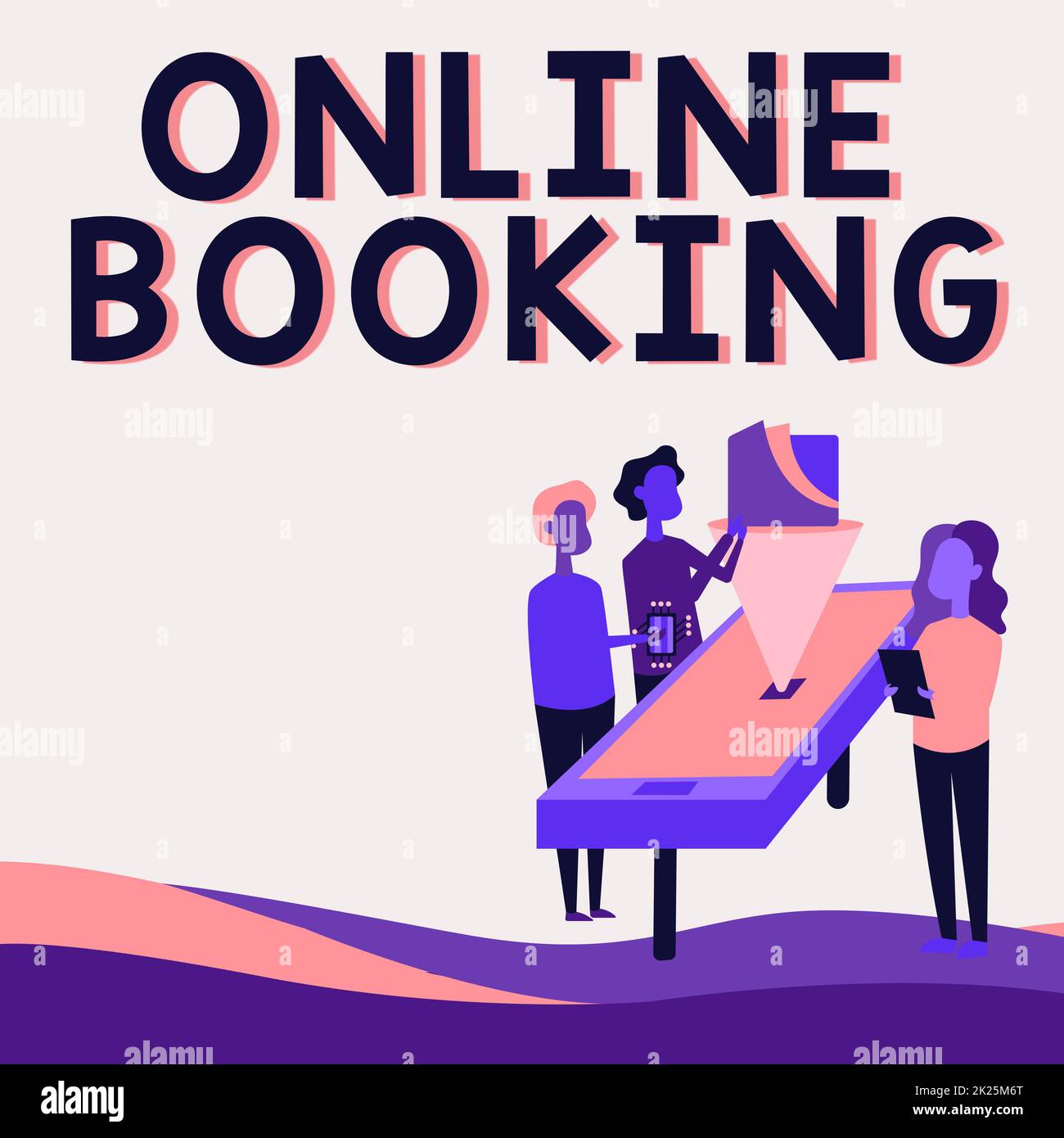 Text für Online-Buchung wird geschrieben. Geschäftsansatz Reservierung über Internet Hotel Unterkunft Flugticket Kollegen Zeichnung neben Tisch Projektionsdiagramm. Stockfoto