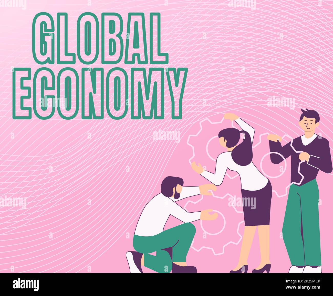 Konzeptionelle Darstellung der globalen Wirtschaft. Wort geschrieben über System of Industry and Trade around the world Capitalism Illustration einer Gruppe, die Stirnradgetriebe hält und jedem bei seiner Arbeit hilft. Stockfoto