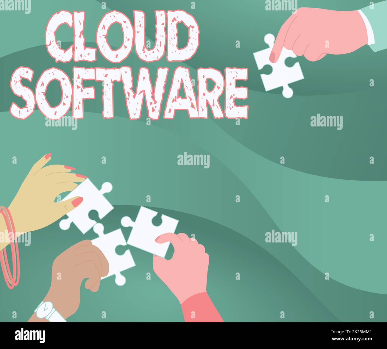 Textunterschrift zur Präsentation der Cloud-Software. Business Showcase Programme zum Speichern von Daten, die über das Internet abgerufen werden Illustration von Puzzleteilen, die sich gegenseitig helfen. Stockfoto