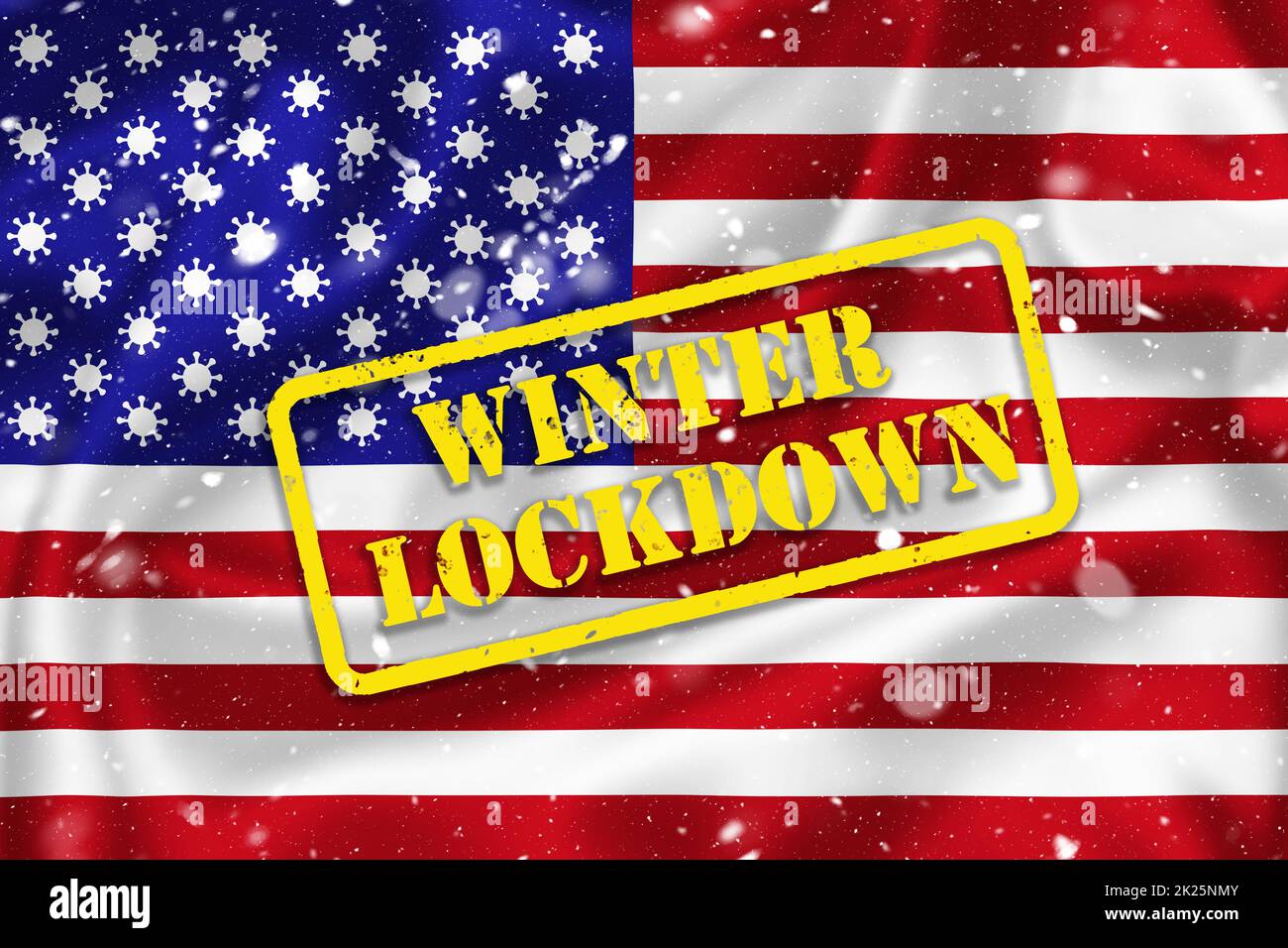 US-Flagge Illustration mit Coronavirus Zeichen anstelle von Sternen und Winter Lockdown Text Stockfoto