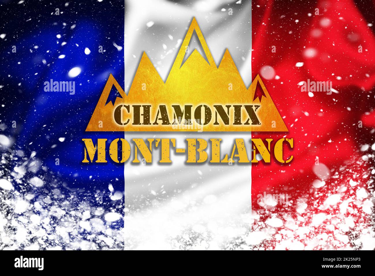 Chamonix-Mont-Blanc Banner Illustration auf französischer Flagge und Schneeschicht, berühmtes Skigebiet Stockfoto