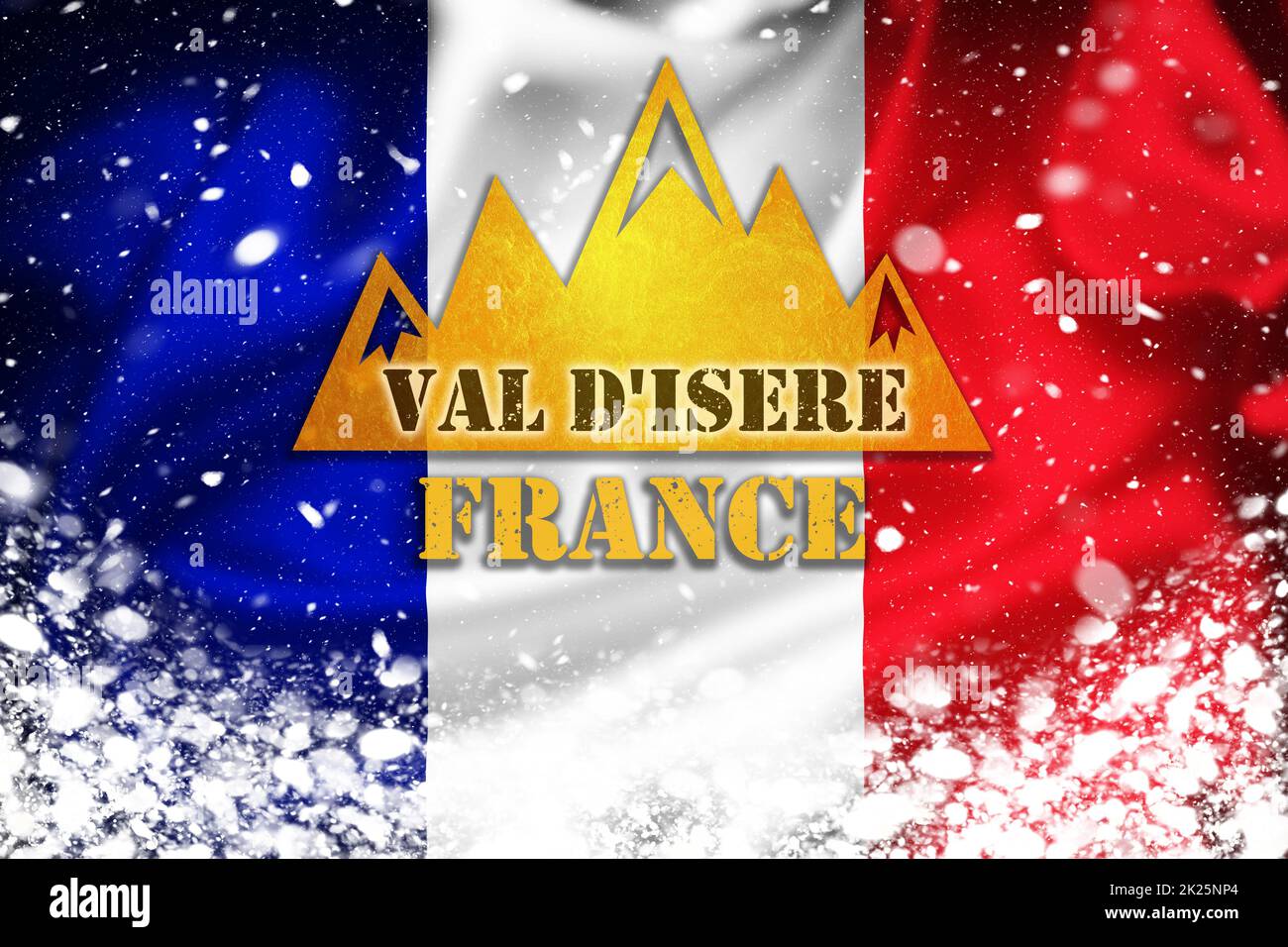 Chamonix-Mont-Blanc Banner Illustration auf französischer Flagge und Schneeschicht, berühmtes Skigebiet Stockfoto